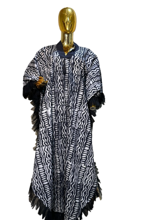 Black & White Fringe-Trimmed Adire Kaftan