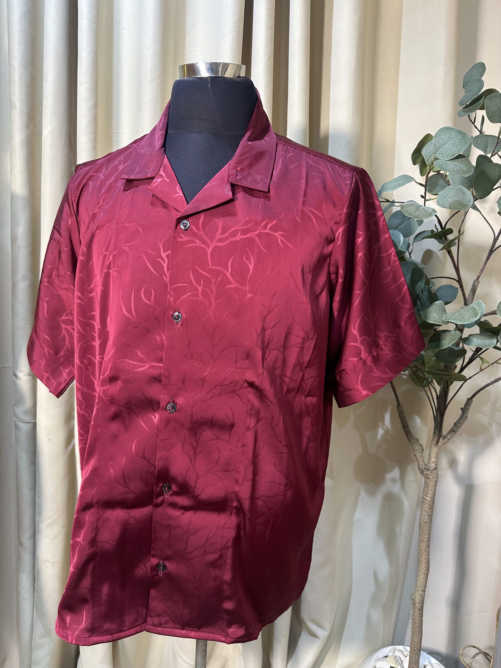 Burgundy Floral Jacquard Vintage Shirt - Image 2