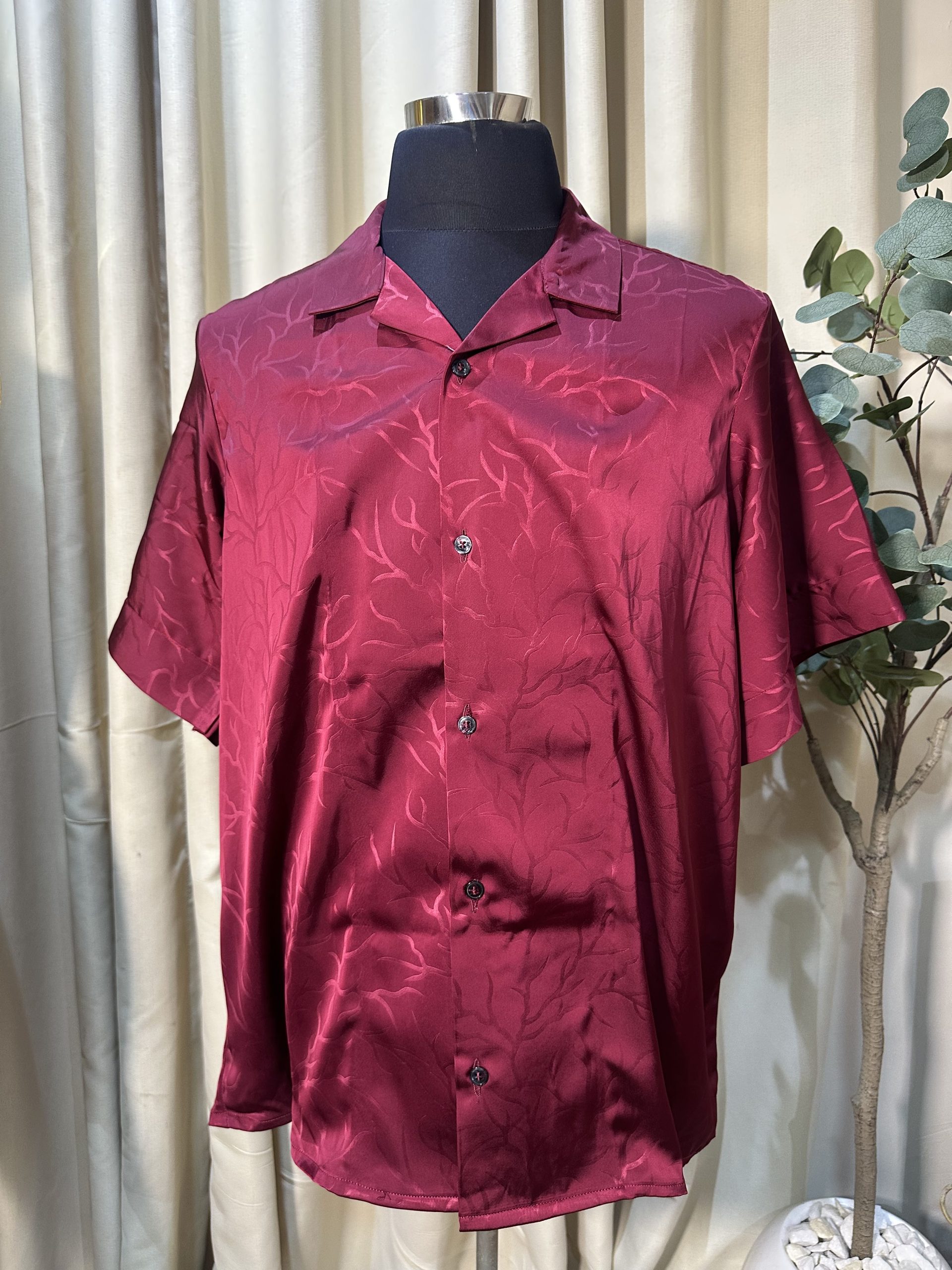 Burgundy Floral Jacquard Vintage Shirt - Image 4