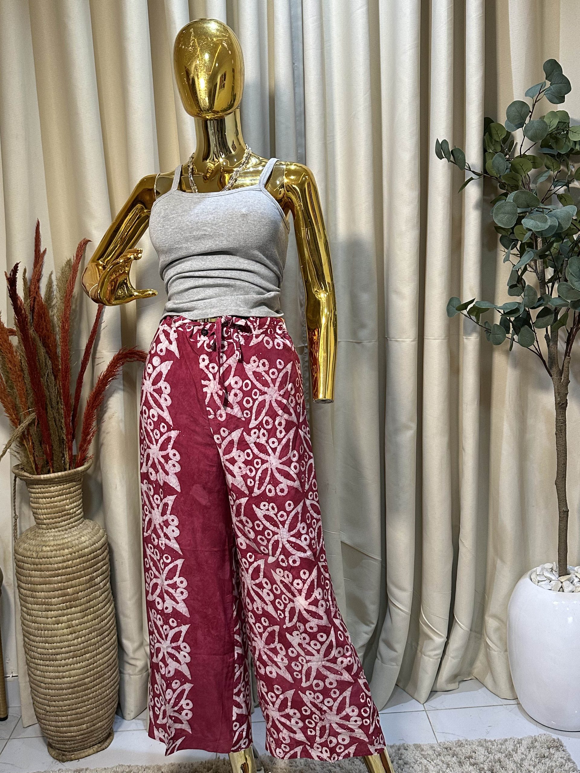 Burgundy & White Floral Adire Pant - Image 2